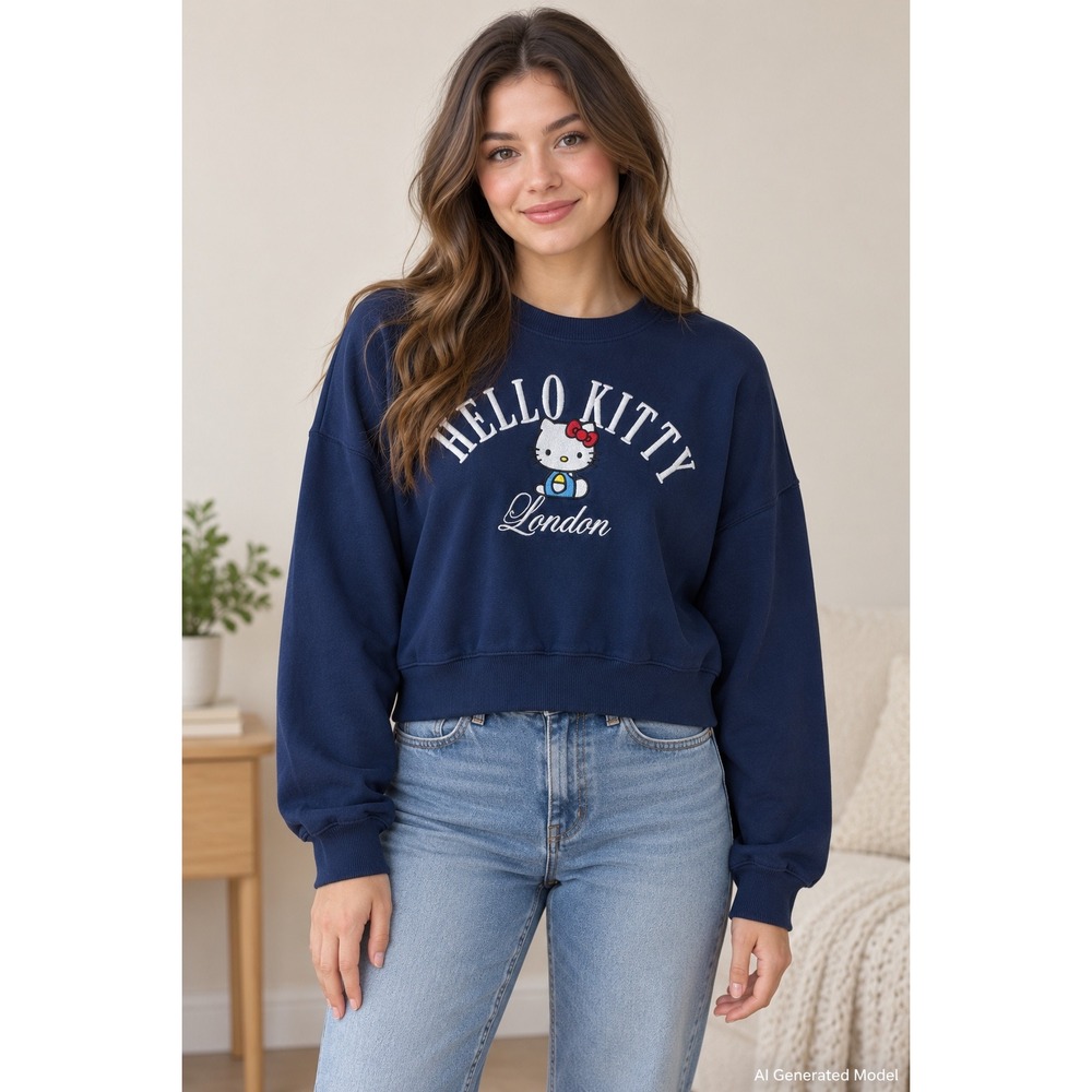 Sanrio Hello Kitty London Navy Blue Embroidered Cropped Sweatshirt Medium